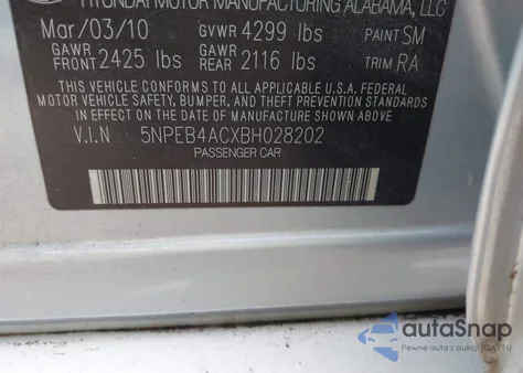 2011 Hyundai Sonata Gls z USA, uszkodzony, nr VIN 5NPEB4ACXBH028202